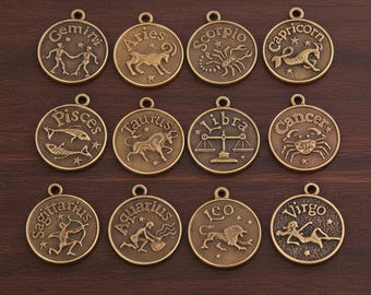 Vintage Zodiac Charms for TN Journal | Retro Gold Alloy Planner Charms, Bullet Journal Accessories - 12 Zodiac Set
