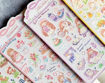 Molinta Hand-Drawn Washi Sticker Sheets | Today’s Thoughts Watercolor Journal Stickers | Bread, Strawberry, Sunflower & Night