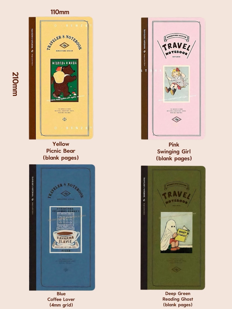Puede incluir: Cuatro cuadernos ilustrados. Amarillo con un oso, rosa con una ni&ntilde;a en un columpio, azul con una taza de caf&eacute; y verde oscuro con un fantasma. Cada cuaderno mide 21 cm de alto y 11 cm de ancho.