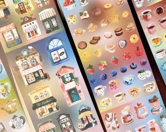 Vintage Handgezeichnete Aufkleberrolle | Kaffee, Tee, Gebäude