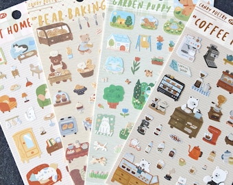 Cottagecore Sticker Set Journal Planner Scrapbook Coffee Cat Bear Puppy Decor
