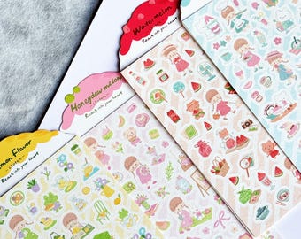 Molinta Watercolor Stickers | Wood Pulp Cotton Paper | Summer Fruit Theme | Textured Chibi Character for Bujo & Scrapbooking