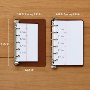May include: Two brown leather-covered binders with silver metal ring mechanisms. The left binder has 5 rings with 0.75 inch spacing, and the right binder has 6 rings with 0.75 inch spacing. The binders measure 5.20 inches in height and 3.62 inches in width.