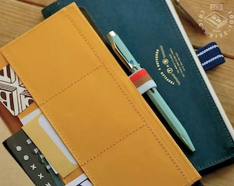 May include: An open mustard-colored leather notebook with multiple pockets, filled with cards and a black keyboard. A teal pen with a striped band rests on a dark teal zippered pouch. A yellow zippered pouch is in the background.