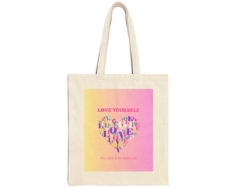 Love Yourself-draagtas - motiverende canvastas voor zelfzorg, cadeau voor vrienden, milieuvriendelijk winkelen, inspirerende kunst