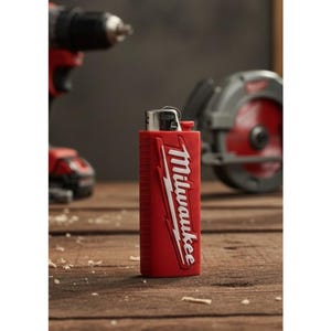 Puede incluir: Un encendedor rojo con el logotipo de Milwaukee en blanco. El encendedor es rectangular y está sobre una superficie de madera. Un taladro y una sierra circular son visibles en el fondo.