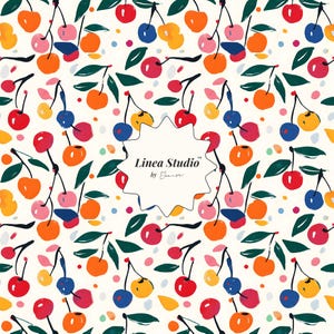 Cherry Seamless Pattern, Multicolor Digital Paper, Fruit Print Fabric, Retro Cherry Wrapping Paper, Cute Watercolor Cherries Scrapbooking