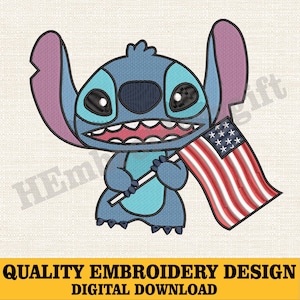 Cute Cartoon 4th Of July Embroidery Design, Blue Alien Pes, Independence Day Embroidery Machine,Patriotic Stich File,America Flag Embroidery
