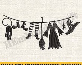 Witch Clothesline Embroidery Design, Halloween Witch Embroidey Design, Hat Dress Boots Broom Cat Stich File, Spooky Season Embroidery File