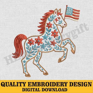 Patriotic Horse Embroidery Design, 4th Of July Floral Horse Embroidery File, USA Flag Animal Embroidery, Instant Download