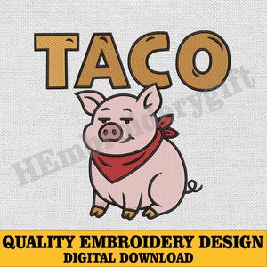 Diseño de bordado de cerdo taco, archivo de bordado de cerdo divertido, archivo de bordado de cerdo de dibujos animados, puntada de animal de granja, bordado de cerdo lindo