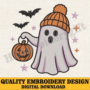 Halloween Ghost Embroidery Design, Cute Ghost with Pumpkin Embroidery File, Trick or Treat Machine Embroidery, Halloween Embroidery Design