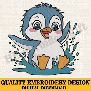 Cute Penguin Embroidery Design, Happy Splashing Penguin Stitch File, Baby Animal Applique For Kids,Mini Penguin Embroidery File,Digital File