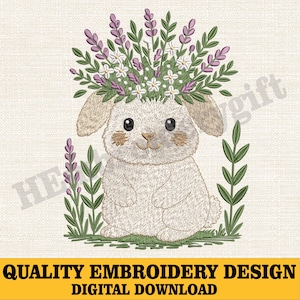 Lavender Bunny Embroidery Design,Floral Rabbit Machine Embroidery File,Cute Woodland Animal Embroidery Pattern,Spring Bunny Digital Download