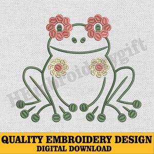 May include: An embroidered frog design with flower accents. The frog is green with pink and yellow flower details. The text "QUALITY EMBROIDERY DESIGN DIGITAL DOWNLOAD" is at the bottom.