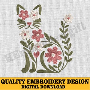 Floral Cat Embroidery Design, Cute Cat With Flowers Embroidery File, Instant Download, Cat Pattern, Animal Embroidery
