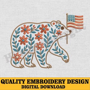 Patriotic Floral Bear Embroidery Design, 4th of July Bear Embroidery File, USA Flag Animal Embroidery, Instant Download