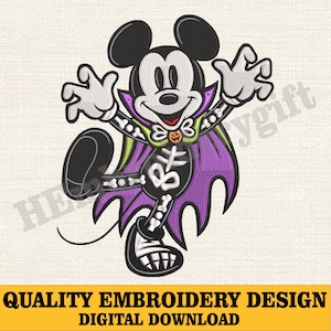 May include: A digital embroidery design featuring a cartoon mouse dressed as a vampire for Halloween. The mouse is black and white with a purple cape and skeleton details. The design includes the text "QUALITY EMBROIDERY DESIGN DIGITAL DOWNLOAD".