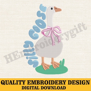 Silly Goose Embroidery Design, Cute Goose Machine Embroidery File, Funny Farm Animal Embroidery, Goose With Bow Embroidery Pattern