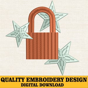 May include: An embroidered design featuring a copper-colored padlock with three light blue stars. The text "QUALITY EMBROIDERY DESIGN DIGITAL DOWNLOAD" is displayed in a yellow banner at the bottom. The design is on a textured, off-white background.