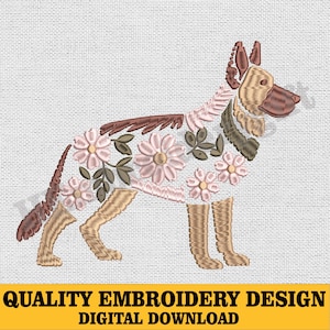 Floral German Shepherd Embroidery Design, Dog With Flowers Applique, Pastel Pet Stitch File, Vintage Shepherd Dog Embroidery, Pet Embroidery