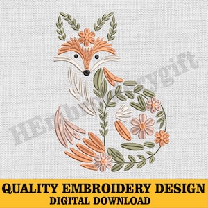 May include: An embroidered fox design with floral and leaf accents in shades of orange, green, and pink. The fox is surrounded by flowers and foliage. The text "QUALITY EMBROIDERY DESIGN DIGITAL DOWNLOAD" is at the bottom.