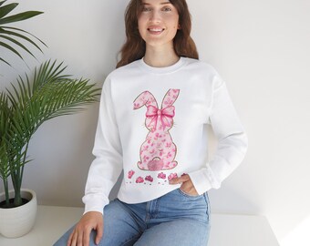 Sudadera de conejito rosa de Pascua, jersey de conejo primaveral, suéter pastel de Pascua, jersey unisex con capucha de conejo, linda Pascua, coqueta rosa
