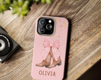 Estuche para teléfono con lazo rosa coqueto, botas de vaquero, funda protectora femenina, lindo dije occidental, estuche resistente para teléfono, lindo estuche con lazo rosa coqueto.