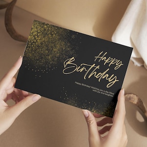 Cartão de Feliz Aniversário em Preto e Dourado | Cartão de Aniversário Exclusivo | Cartão de Aniversário Elegante | Cartão de Aniversário Luxuoso (Para Imprimir)