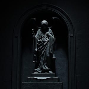 May include: A black and white statue of an angel with wings, standing on a pedestal in a dark room.