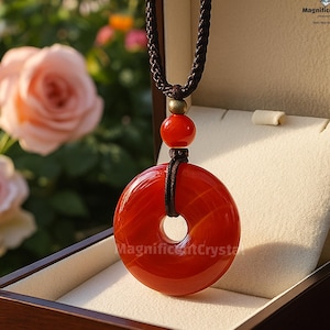 Carnelian Donut Pendant Necklace: Red Gemstone, Round Stone Adjustable Cord Jewelry