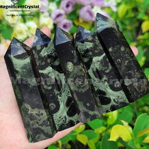 Kambaba Jasper Crystal Point Tower, Black & Green Gemstone Obelisk, Root Chakra Stone