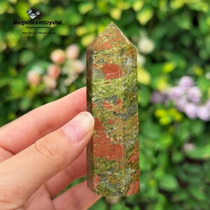 Unakite Crystal Point Tower: Green Gemstone Obelisk, Heart Chakra Healing