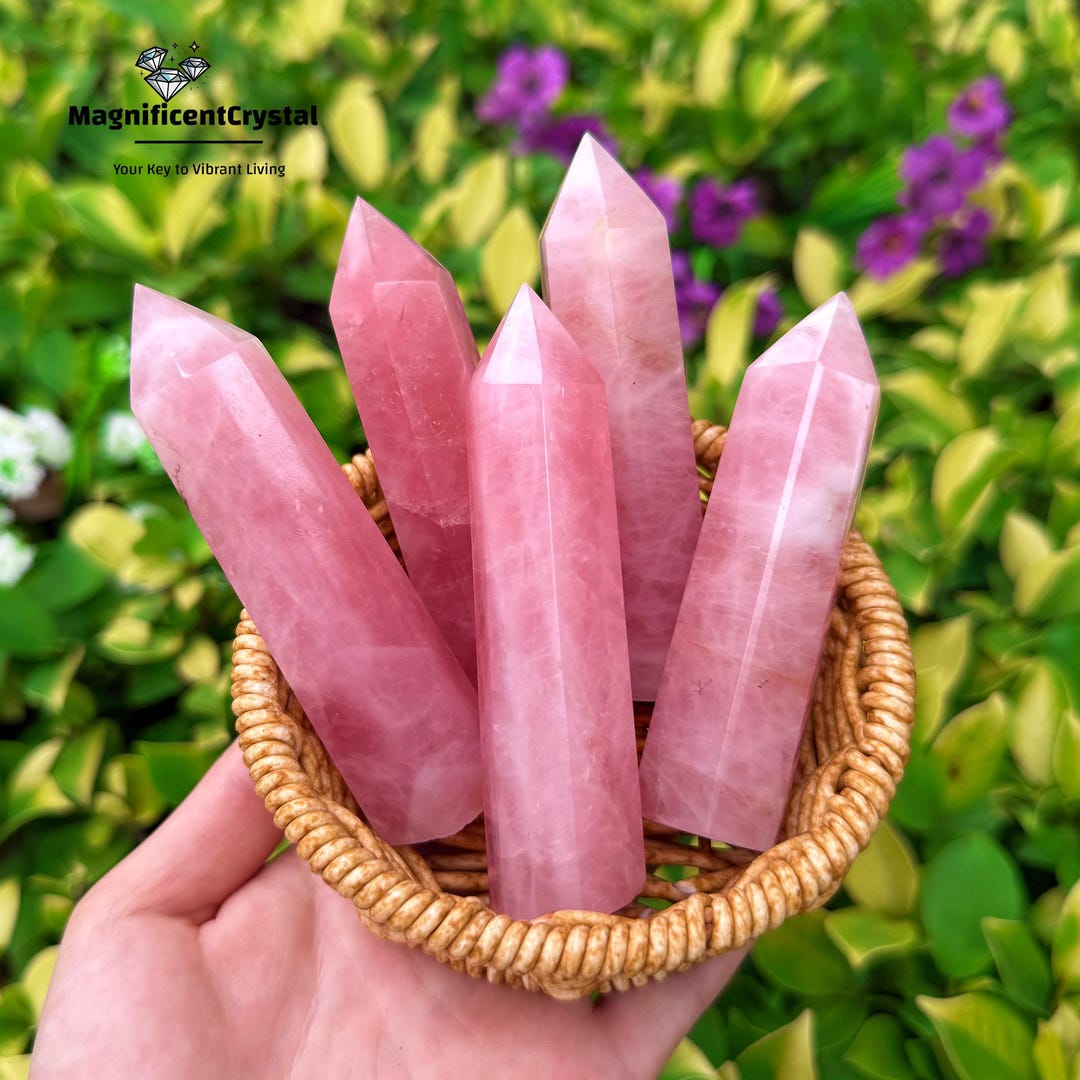 天然ローズクォーツクリスタルタワーポイント、ピンクジェムストーン