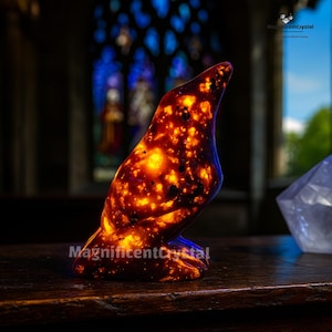 Yooperlite Flame Crow Sculpture: Hand Carved UV Reactive Emberlite Stone