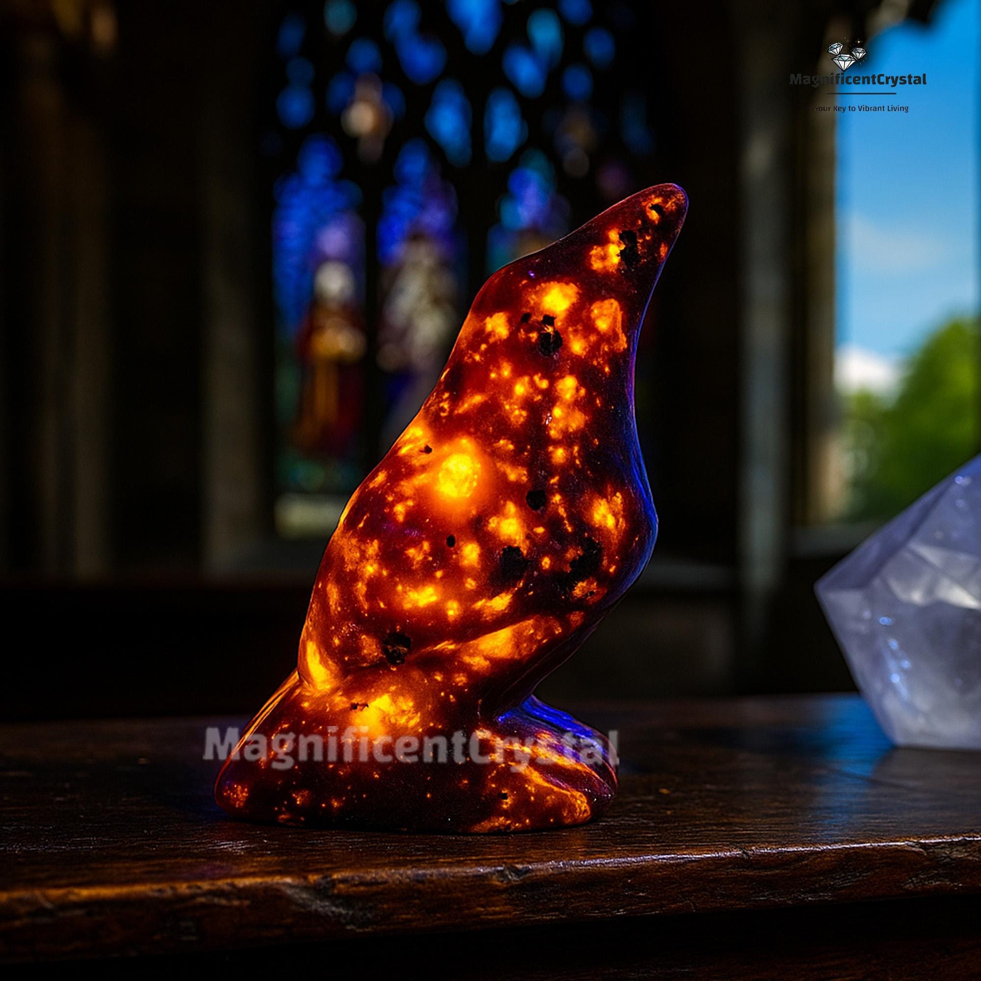 Yooperlite Hand Carved Flame Crow, Fluorescent Animal Sculpture