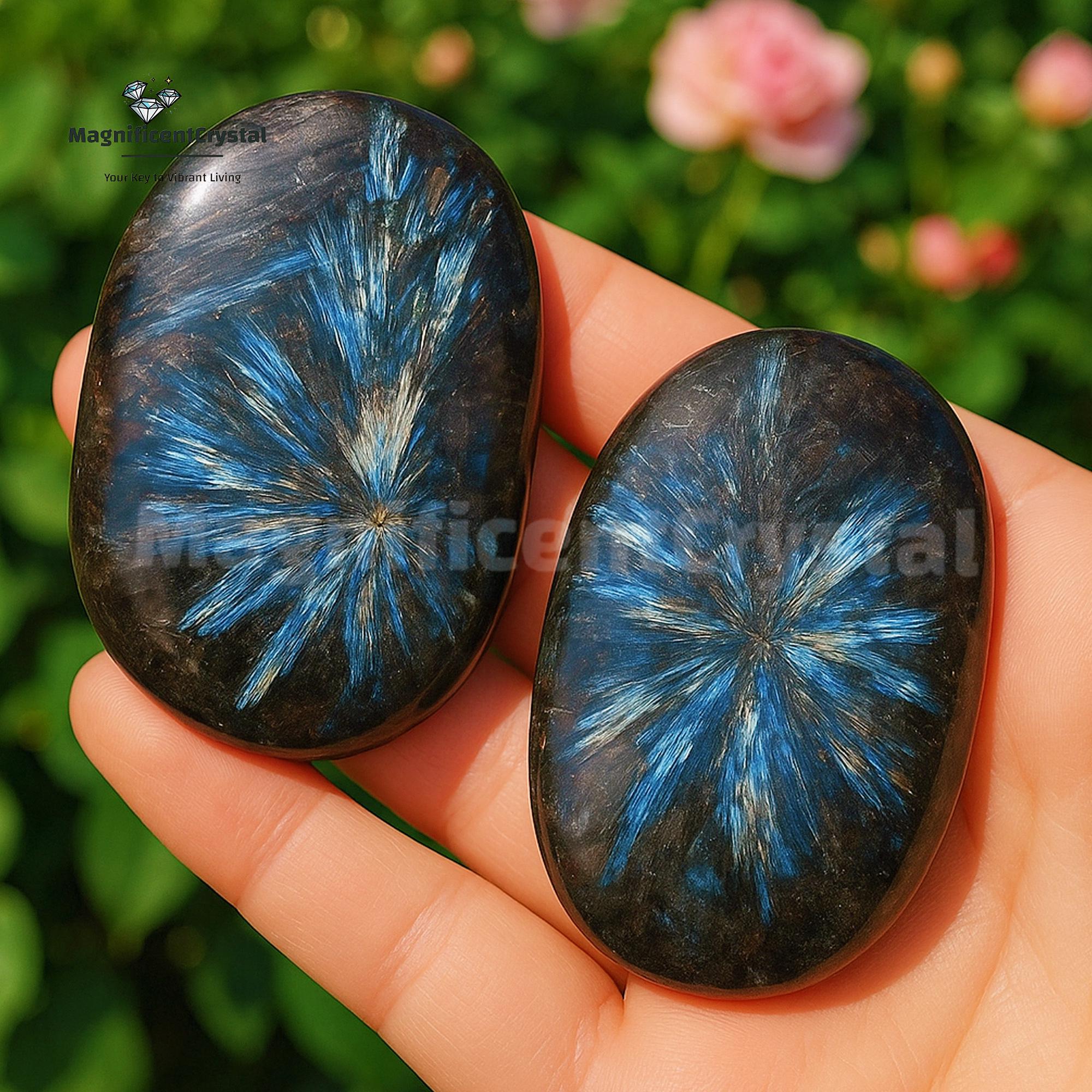 Arfvedsonite Palm Stone: High Flash Blue Cosmic Firework Pocket Stone