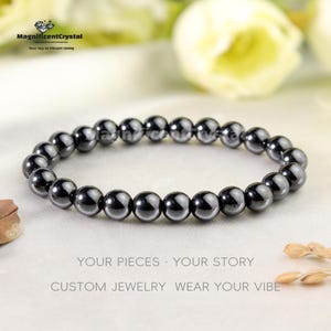8mm Hematite Stone Bracelet, Polished Metallic Crystal for Balance & Strength, Dainty Stackable Bracelet, Gift for Him, gift for her