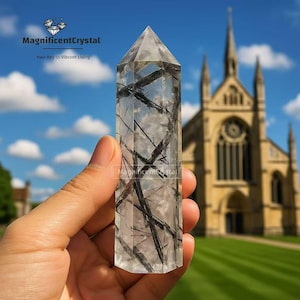 Black Rutilated Tourmaline Quartz Crystal Tower: Natural Obelisk Wand