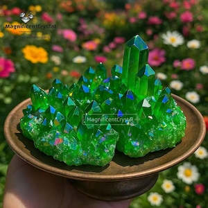 Electroplated Green Quartz Geode Cluster: Raw Crystal Specimen, Healing Stone