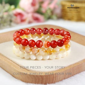 Citrine Carnelian Quartz Bracelet Set: Abundance, Creativity, Clarity, Women Jewelry, free gift pouch