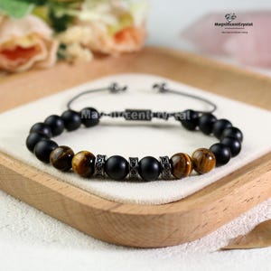 Dual-Power Protection Black Onyx & Tiger Eye Stone Bracelet, Natural Black Gold Jewelry, Gift for Men, Boyfriend Husband Dad Birthday Gifts