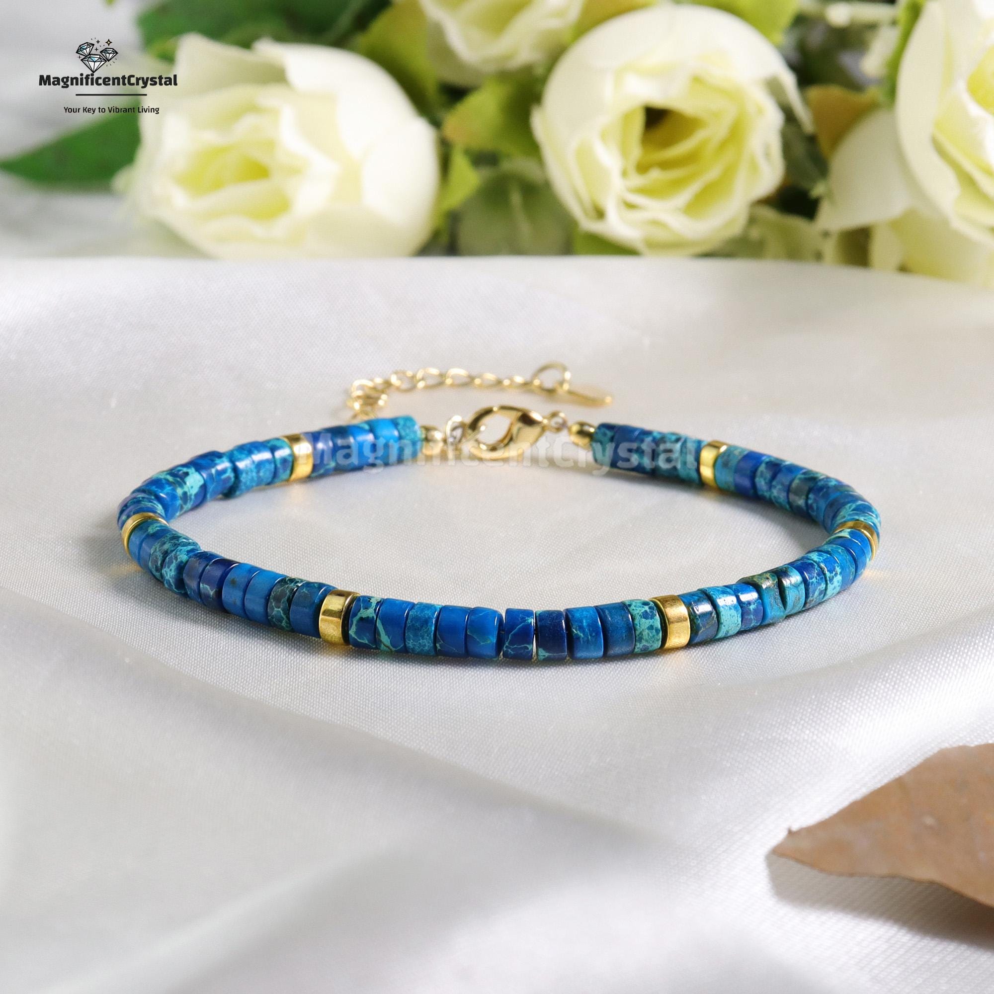 Bracelet En Jaspe Impérial Bleu Mer Et Coquillages - Pierre Naturelle - Longueur 15-16 Cm - Neuf étiqueté