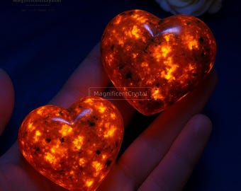 Yooperlite Heart Stone, Flaming Heart Glowing UV Reactive Love Stone, Natural Emberlite Crystal Sodalite Heart, Worry Stone, Palm Stone Gift