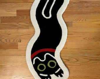 Handmade Tufted Wavy Cat Rug | Eco-Friendly Black Cat &quot;Spooky&quot; | Customizable Eyes & Collar