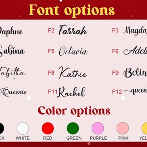 May include: A graphic displaying font and color options. The text "Font options" is at the top, followed by twelve font styles with names like "Daphne" and "Farrah." Below, "Color options" is displayed with color swatches: black, white, red, green, purple, pink, and yellow.