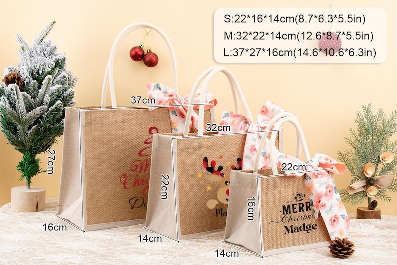 May include: Three jute tote bags of varying sizes, with white handles and floral ribbon accents. The largest bag is 14.6 inches wide, 10.6 inches tall, and 6.3 inches deep. Each bag features a Christmas-themed design and text.