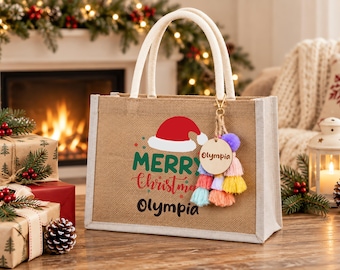 Weihnachtssack-Geschenktüte, personalisierte Jute-Weihnachtstüte mit individuellem Namen, Geschenktüte für die Feiertage, Geschenktüte für Weihnachtsfeiern