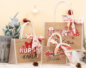 Personalized Nurse Burlap Bag,Christmas Nurse Tote Bag,RN Gifts Bag,Christmas Nurse Gift