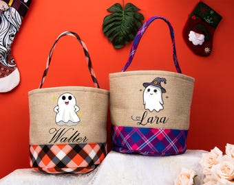 Gepersonaliseerde Trick or Treat-tas voor Halloween, mand met borduurnaam
